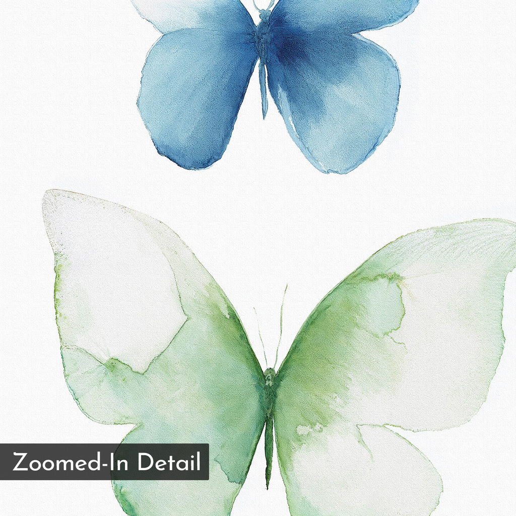 Soft Flight Canvas Art features two watercolor butterflies, one blue and one green, on a white background. The minimalist design includes a "Zoomed-In Detail" label in the lower left, partially overlapping the green butterfly’s wing.