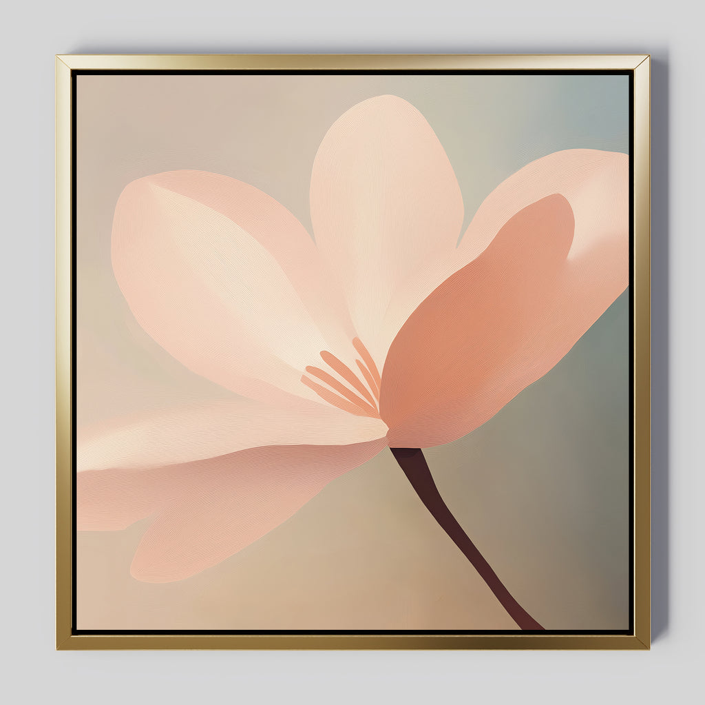 Soft Pink Glow Canvas Art features a single pale pink flower with delicate petals on a muted background in a modern metallic gold frame—ideal minimalist wall decor for your living room.