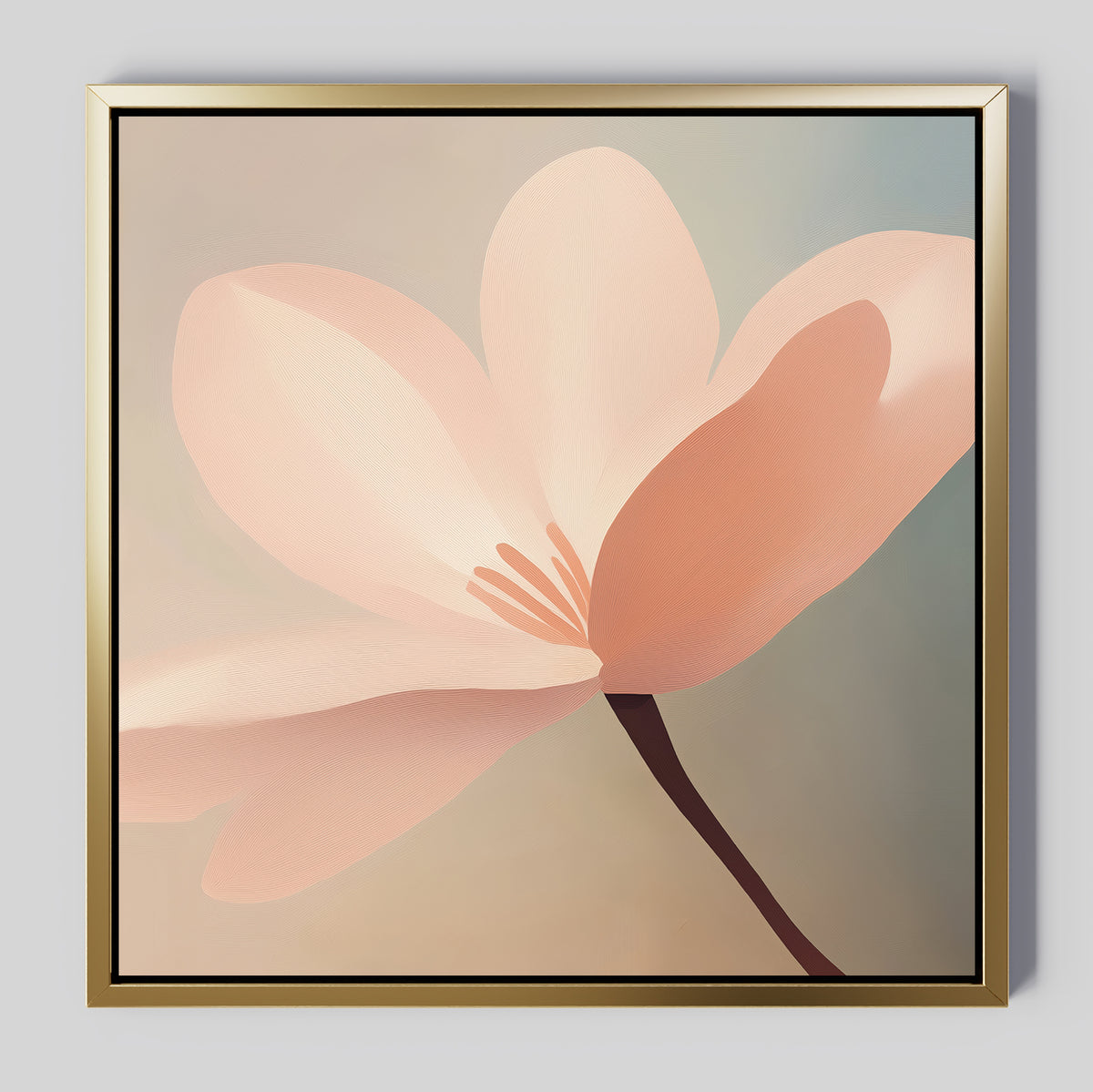 Soft Pink Glow Canvas Art features a single pale pink flower with delicate petals on a muted background in a modern metallic gold frame—ideal minimalist wall decor for your living room.