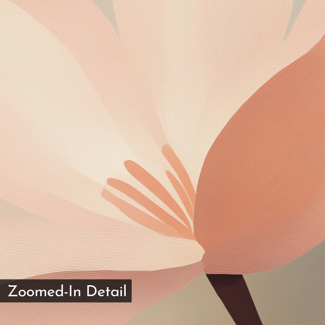 Soft Pink Glow Canvas Art: A close-up of a soft pink flower with textured lines on the petals and center. Perfect as pink wall art, it includes a "Zoomed-In Detail" label in the bottom left corner.