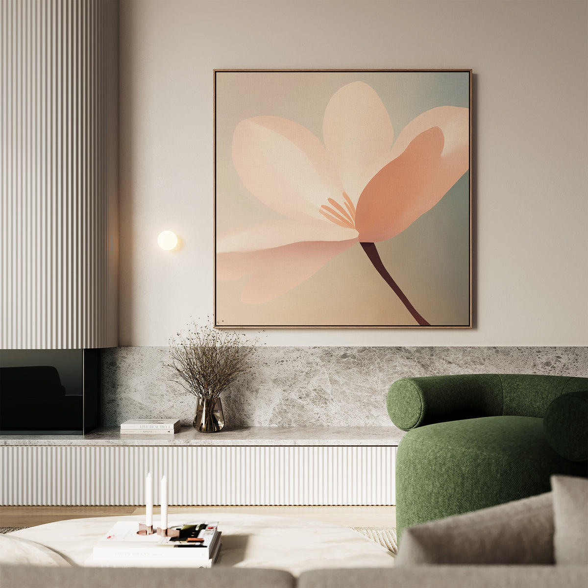 A modern living room featuring Soft Pink Glow Canvas Art, a green curved armchair, marble shelf with a vase of dried branches, and a light coffee table with books and candles—ideal for stylish living room decor.