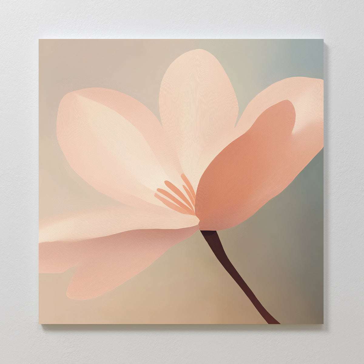 Soft Pink Glow Canvas Art features a minimalistic illustration of a single pink flower with soft petals and a dark stem on a pastel gradient—ideal minimalist wall art for an elegant living room.