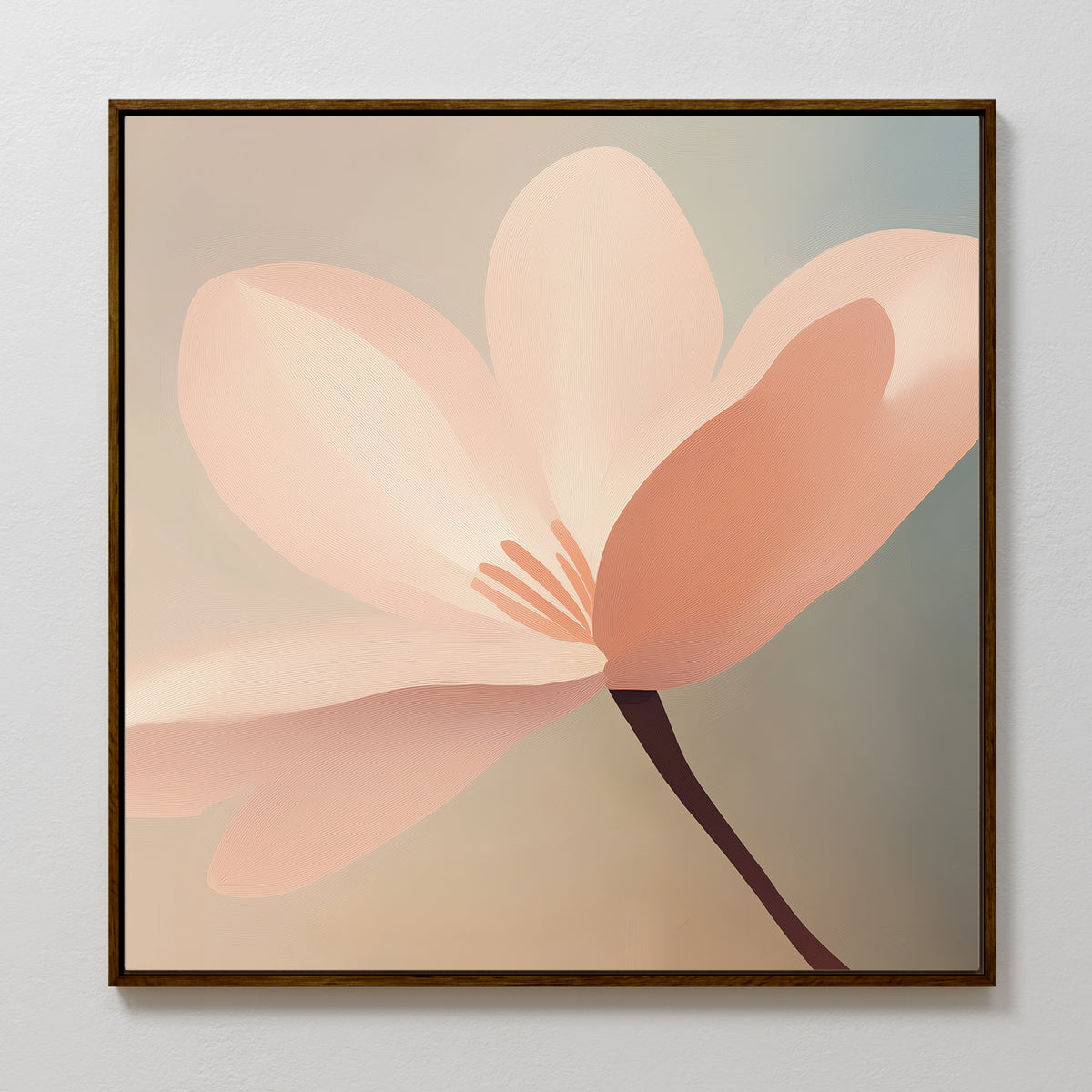 The Soft Pink Glow Canvas Art features a single pale pink flower with soft petals and a dark stem on a neutral background. This minimalist framed piece is perfect for adding modern elegance to your living room decor.