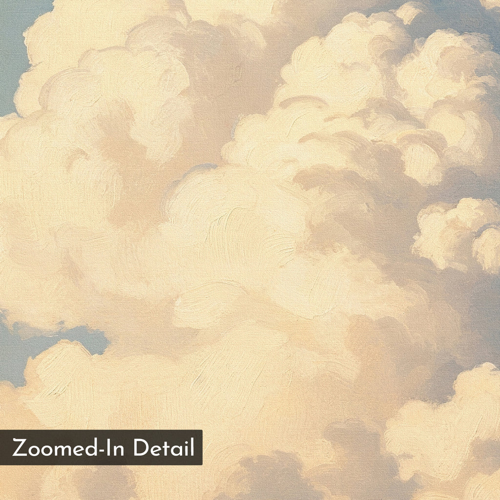 A close-up of fluffy, light-toned clouds painted with soft brushstrokes on a blue sky, from the Soft Skies Rising Canvas Art. Ideal for sky-inspired wall decor. “Zoomed-In Detail” text appears in the bottom left corner.