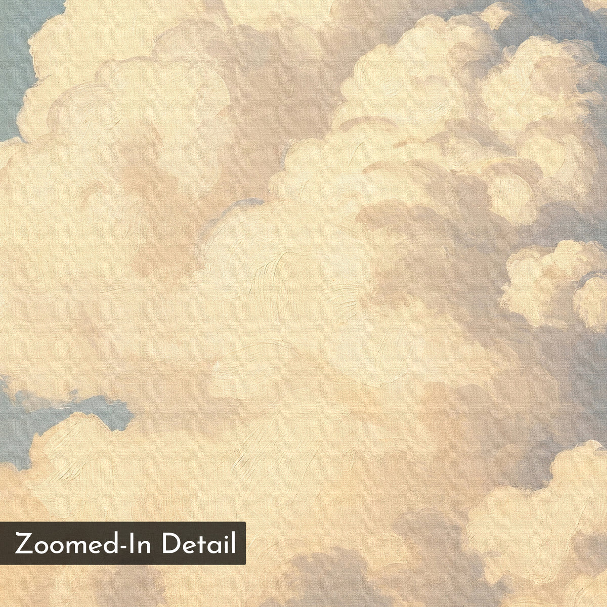 A close-up of fluffy, light-toned clouds painted with soft brushstrokes on a blue sky, from the Soft Skies Rising Canvas Art. Ideal for sky-inspired wall decor. “Zoomed-In Detail” text appears in the bottom left corner.