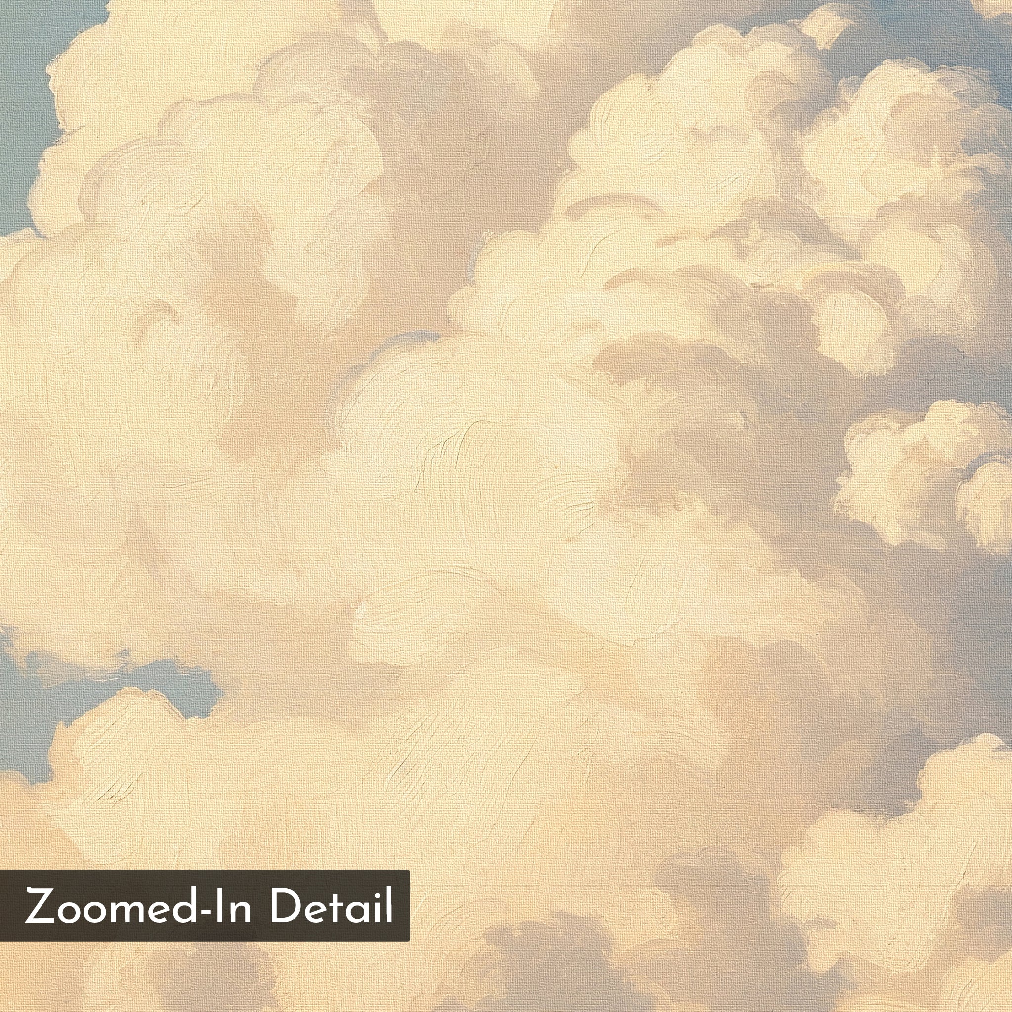 A close-up of fluffy, light-toned clouds painted with soft brushstrokes on a blue sky, from the Soft Skies Rising Canvas Art. Ideal for sky-inspired wall decor. “Zoomed-In Detail” text appears in the bottom left corner.