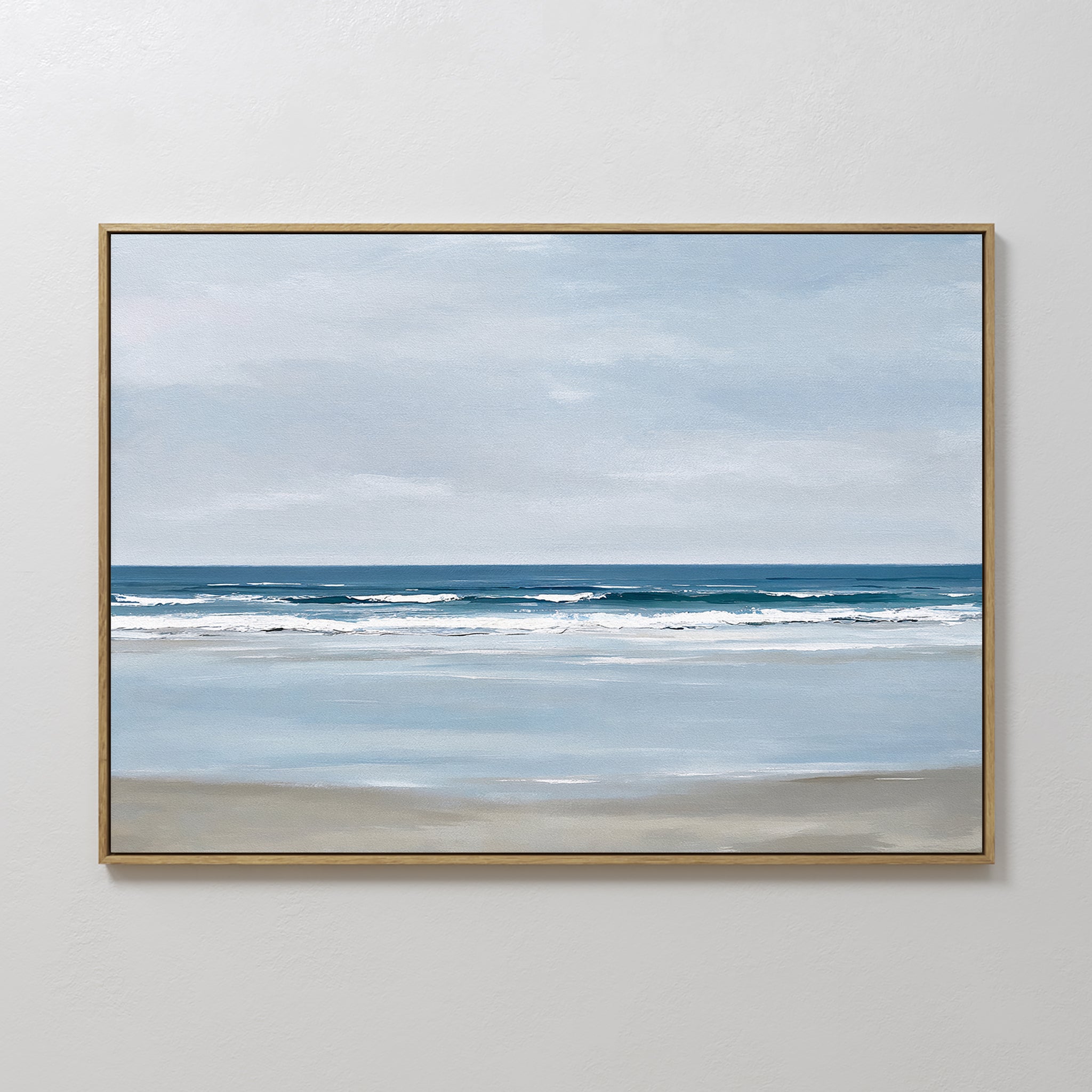 The Soft Tide Canvas Art – Horizontal features a calm beach scene with gentle waves and a light blue sky, making it the perfect minimalist wall art for adding tranquility to your bedroom or creating elegant coastal displays.