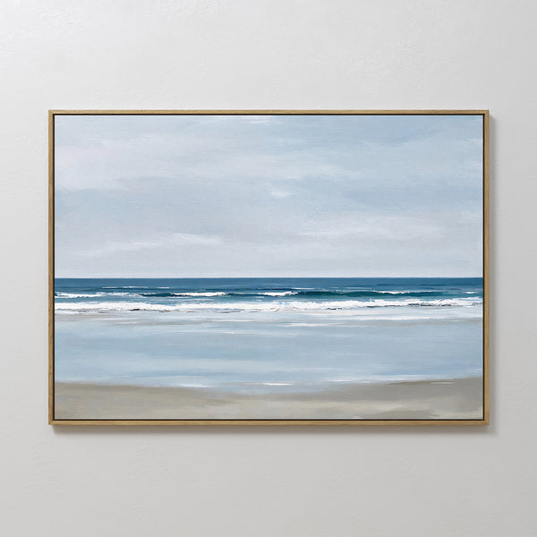 The Soft Tide Canvas Art – Horizontal features a calm beach scene with gentle waves and a light blue sky, making it the perfect minimalist wall art for adding tranquility to your bedroom or creating elegant coastal displays.