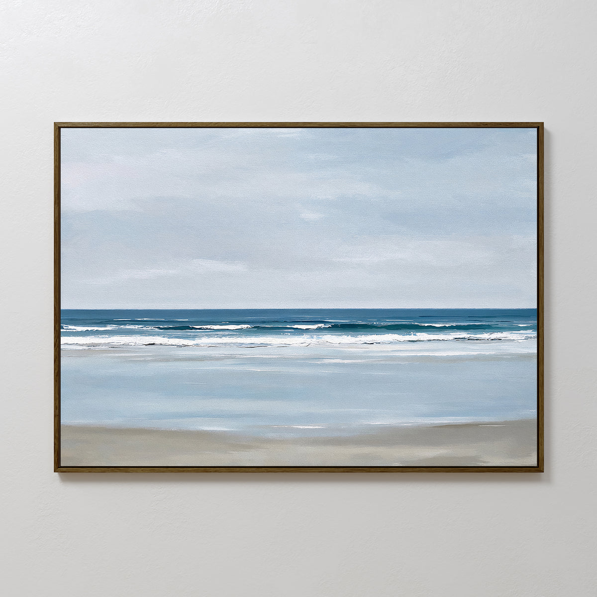 The Soft Tide Canvas Art – Horizontal captures gentle waves on a sandy beach beneath a cloudy sky, making it ideal minimalist wall art or calming bedroom decor for a plain white wall.