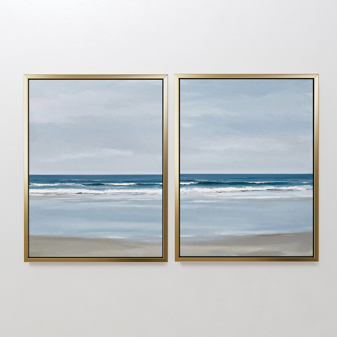The Soft Tide Set of 2 features minimalist framed art with a calming seascape, gentle waves, sandy shore, and a cloudy sky in soft tones. Perfect as coastal wall decor to enhance any bedroom, the horizon flows seamlessly across both pieces.