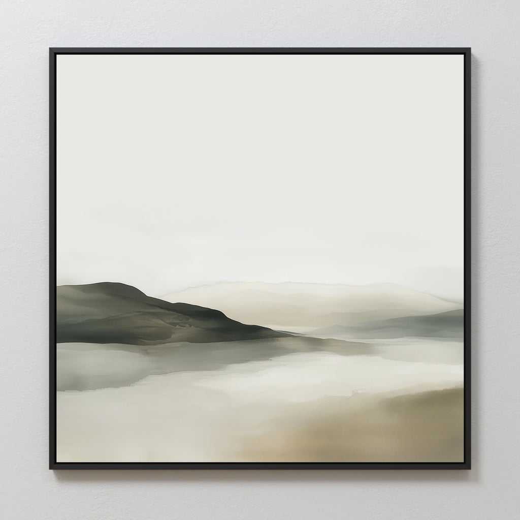 Soft Valley Canvas Art features a minimalist landscape with soft green, beige, and gray tones. Blurred brushstrokes depict rolling hills and a calm water, creating a serene look—perfect for bedroom decor. Black framed for a modern touch.