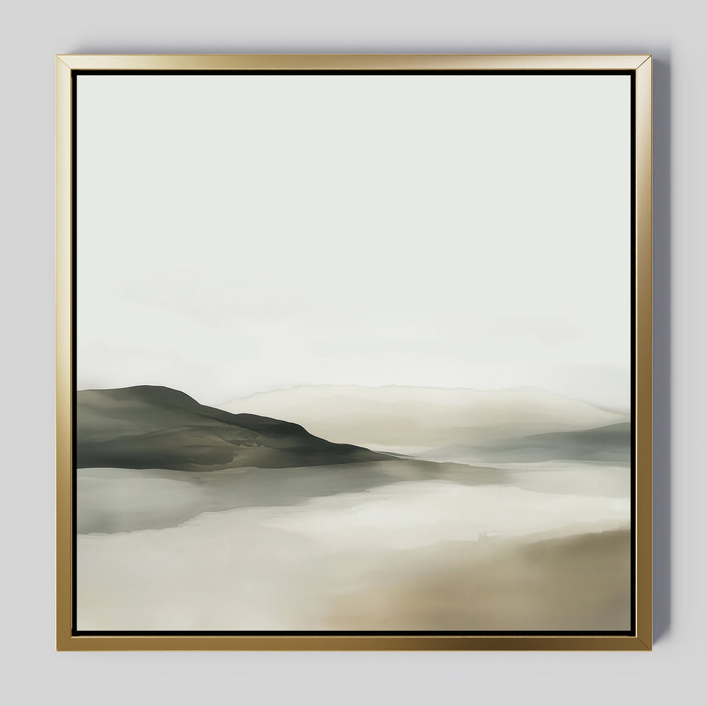 Soft Valley Canvas Art features a minimalist landscape in a gold frame, with muted greens, browns, and grays under a pale sky—ideal wall art for creating a calming bedroom decor with serene hills and misty water.