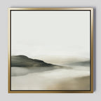 Soft Valley Canvas Art features a minimalist landscape in a gold frame, with muted greens, browns, and grays under a pale sky—ideal wall art for creating a calming bedroom decor with serene hills and misty water.