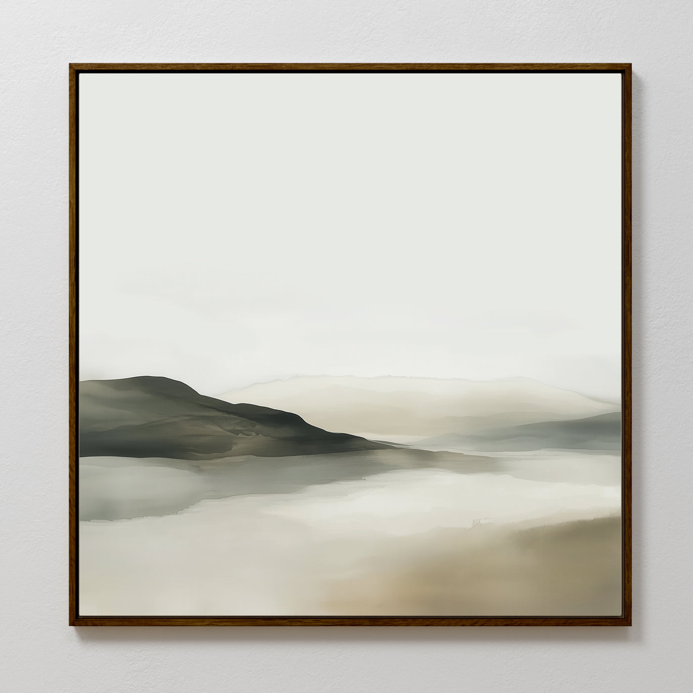 Soft Valley Canvas Art features a minimalist landscape in soft beige, gray, and green tones with hills reflected in calm water beneath a pale sky. Framed in thin dark wood, its perfect for minimalist or bedroom decor.