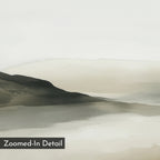 Soft Valley Canvas Art features an abstract watercolor in gray and beige depicting misty hills and a calm landscape. Ideal for minimalist decor or landscape wall art, it has “Zoomed-In Detail” noted in the lower left corner.