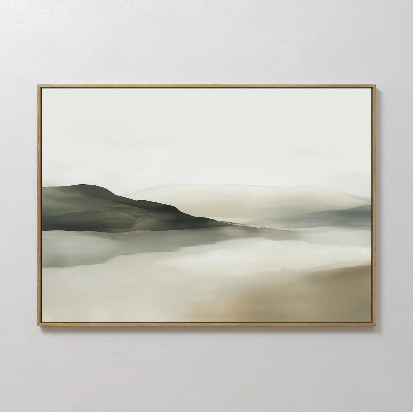 The Soft Valley Canvas Art – Horizontal features misty hills and water in soft, muted tones, creating a calm, tranquil atmosphere—perfect minimalist wall art for any serene space.