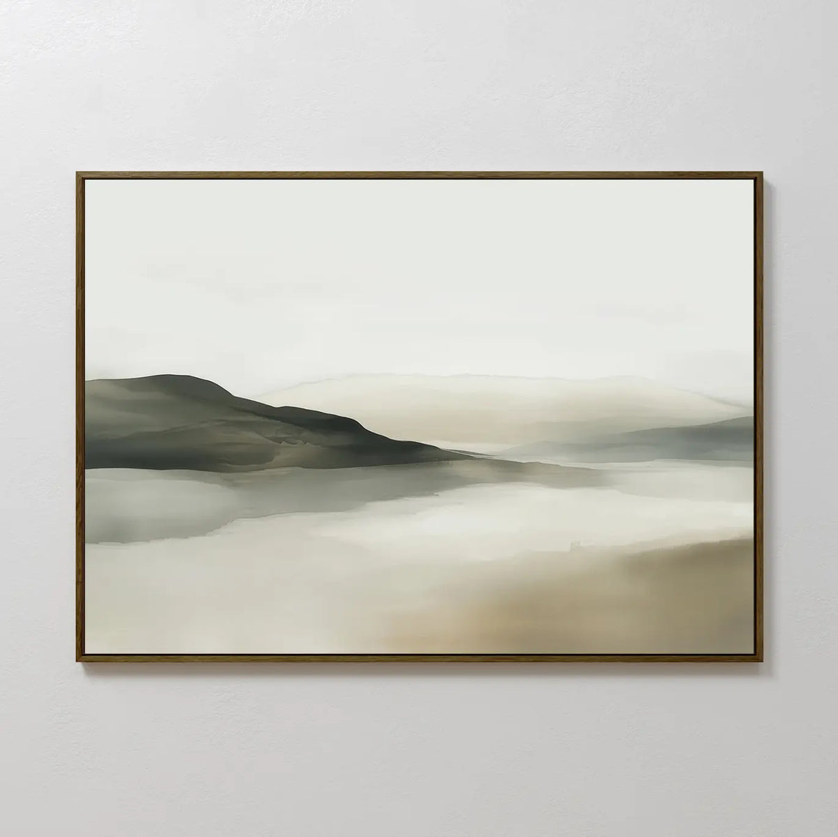 The Soft Valley Canvas Art – Horizontal features a serene landscape in muted green, beige, and gray tones. Gentle hills fade into the distance, making it ideal minimalist decor and peaceful wall art for any space.
