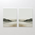 The Soft Valley Set of 2 features minimalist landscape paintings in soft green, beige, and gray tones, depicting distant hills with their reflections—peaceful art ideal for minimalist decor, displayed side by side on a white wall.