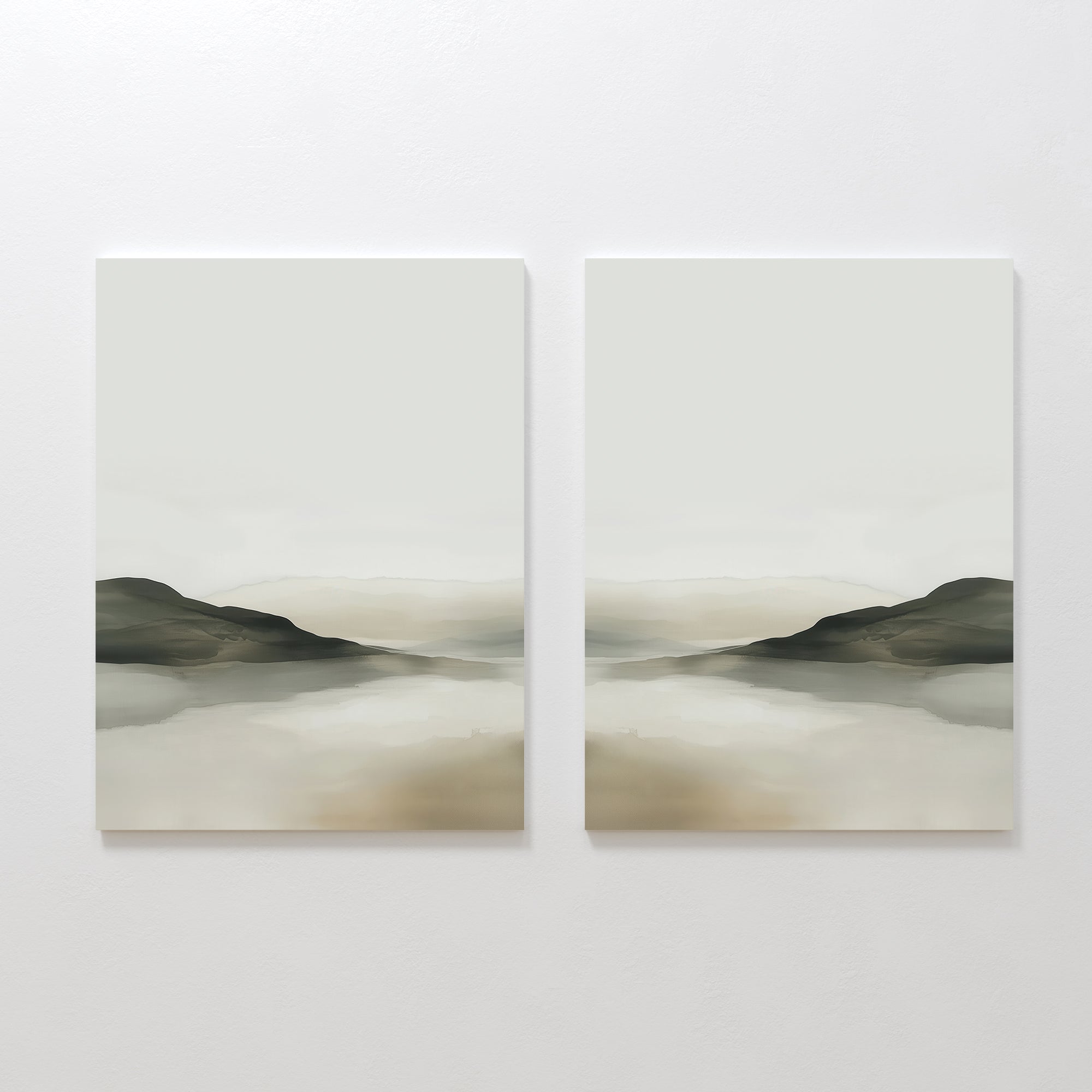 The Soft Valley Set of 2 features minimalist landscape paintings in soft green, beige, and gray tones, depicting distant hills with their reflections—peaceful art ideal for minimalist decor, displayed side by side on a white wall.