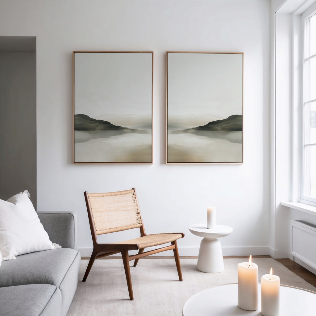 A modern, minimalist living room features the Soft Valley Set of 2 grey sofas, a woven wooden chair, and a white side table with lit candles. Landscape wall art hangs above the chair, creating a peaceful touch as natural light fills the space.