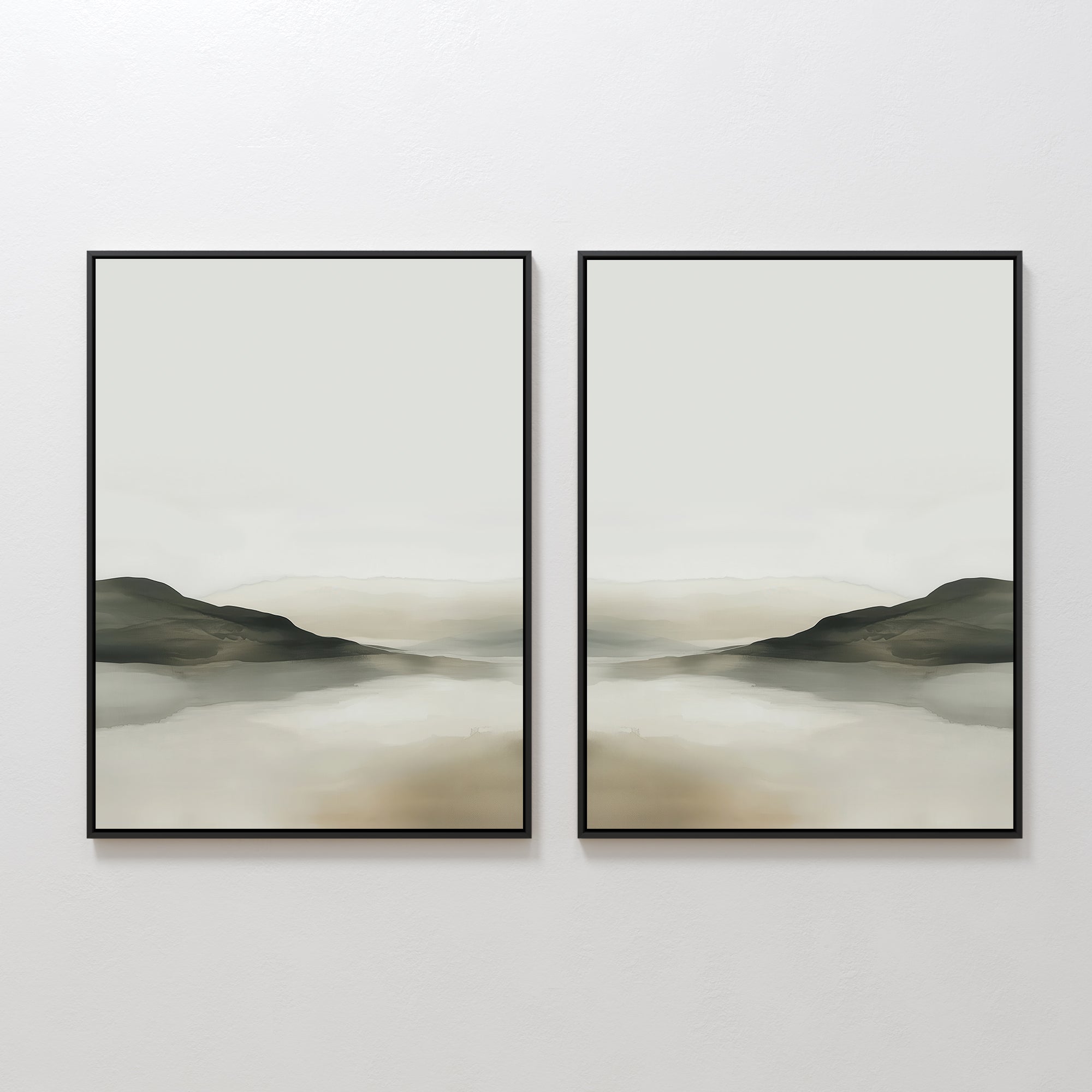 The Soft Valley Set of 2 features framed landscape wall art in muted earth tones, each showing misty hills and water with soft, blurred edges—ideal for bringing a peaceful touch to minimalist spaces.