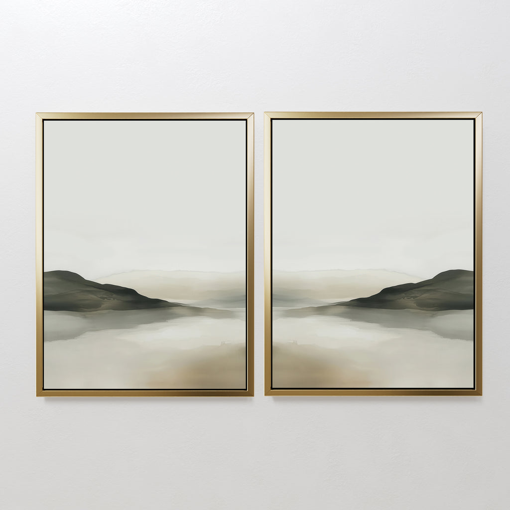 The Soft Valley Set of 2 features landscape wall art in gold frames, each showcasing gentle hills, misty neutral backgrounds, and water reflections—ideal for fans of peaceful, minimalist decor.