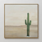 Solitary Rise Canvas Art showcases a tall green cactus in a serene desert with soft brown mountains and a muted sky—ideal for minimalist or living room decor.