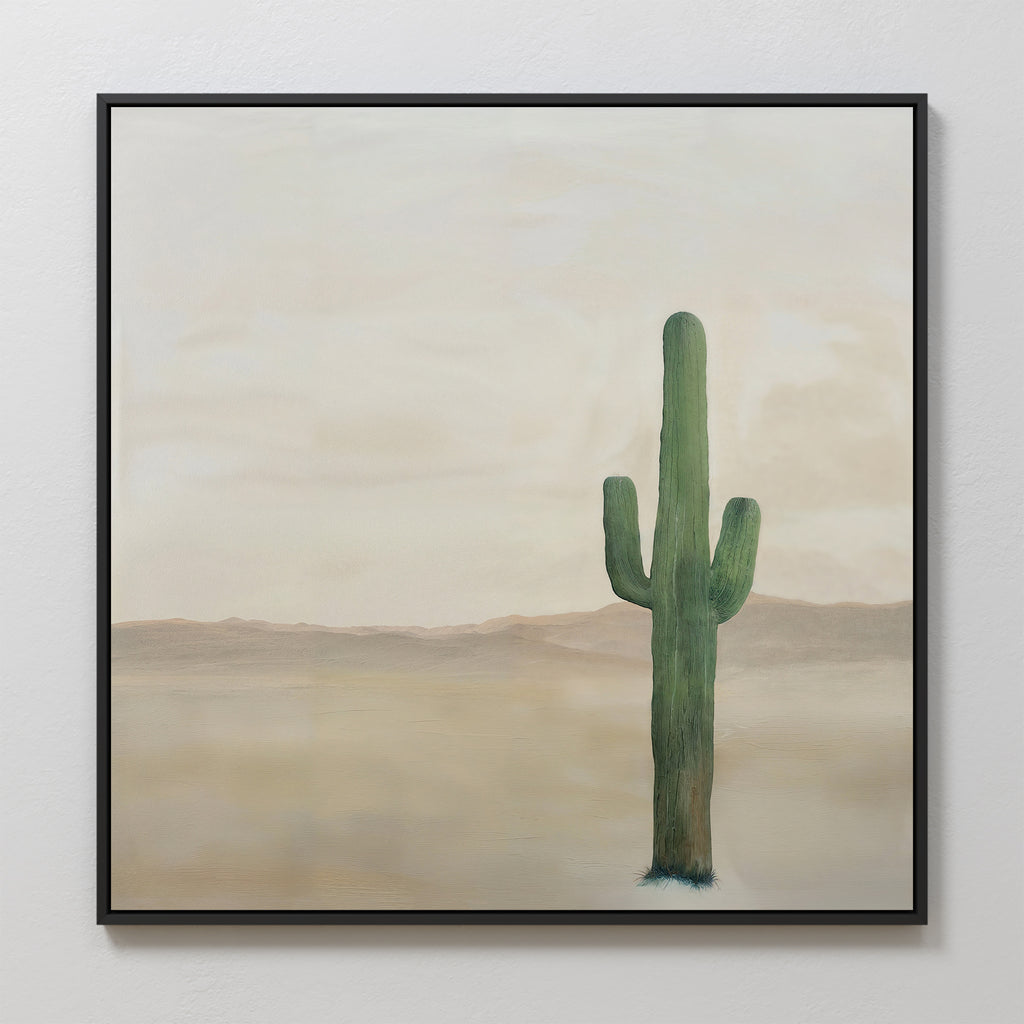 Solitary Rise Canvas Art features a single tall green cactus in a vast desert with distant brown hills under a pale cloudy sky—an ideal minimalist wall art print for living room decor.