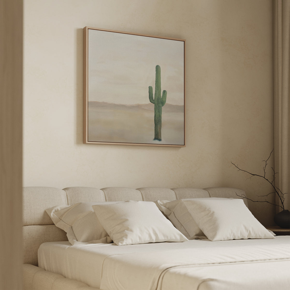 A minimalist bedroom features a beige bed, white pillows, and the Solitary Rise Canvas Art framed above the headboard. Soft lighting and neutral decor create a calm, serene modern atmosphere.