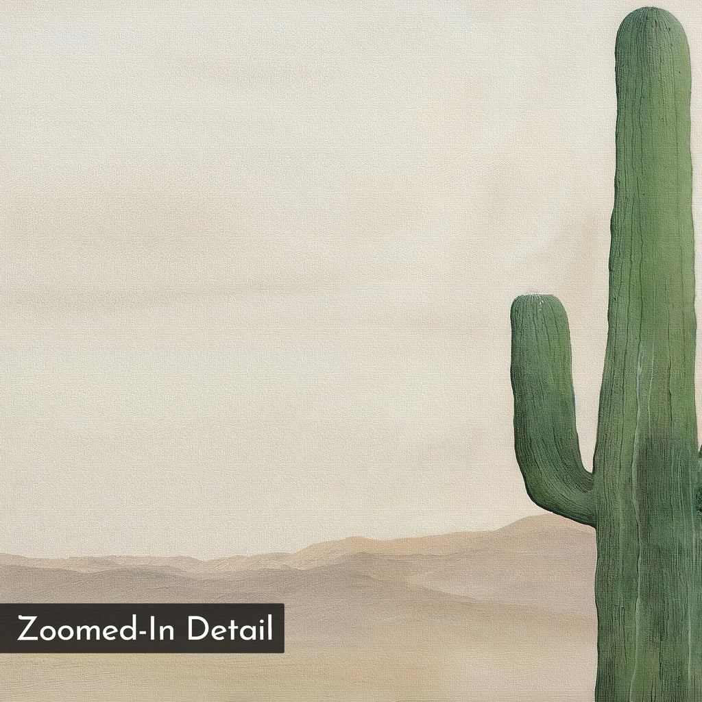 Solitary Rise Canvas Art showcases a minimalist desert scene with a bold saguaro cactus on the right and soft brown mountains behind. Ideal for modern spaces, this wall art print features a Zoomed-In Detail label in the lower left corner.