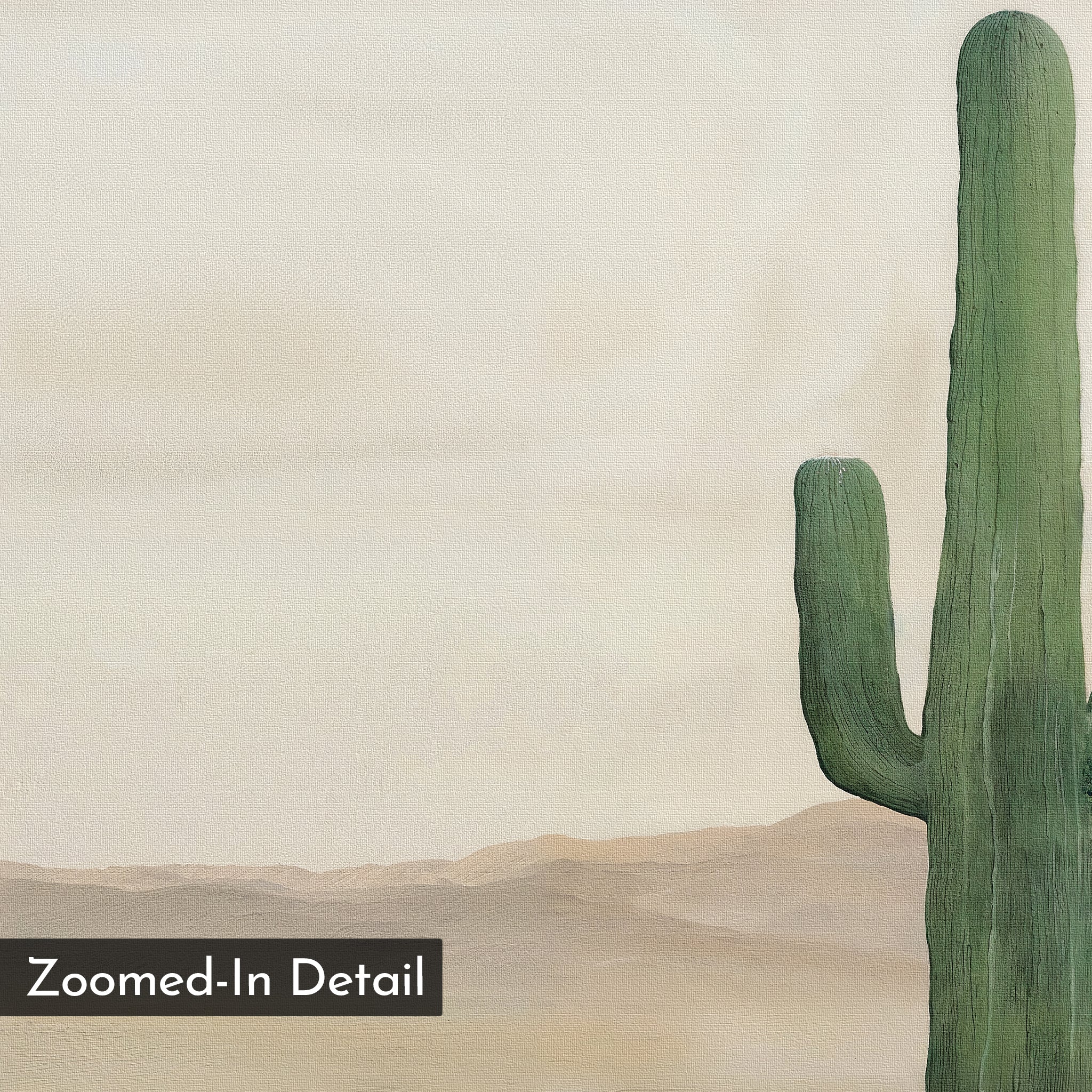 Solitary Rise Canvas Art showcases a minimalist desert scene with a bold saguaro cactus on the right and soft brown mountains behind. Ideal for modern spaces, this wall art print features a Zoomed-In Detail label in the lower left corner.