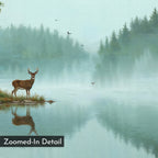 A deer stands at a calm lake’s edge, reflected in the water as mist rises. Pine trees and birds appear in the peaceful, foggy forest. "Solitude by the Lake Canvas Art" and “Zoomed-In Detail” text are visible in the corner.