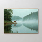 Solitude by the Lake Canvas Art: A framed painting of a deer beside a calm, misty lake in a tranquil pine forest, with reflective water and distant birds completing the serene landscape.