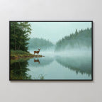 Solitude by the Lake Canvas Art features a serene lake with a deer at the edge, misty trees reflected in the water, and birds gliding through a foggy sky for a peaceful forest scene.