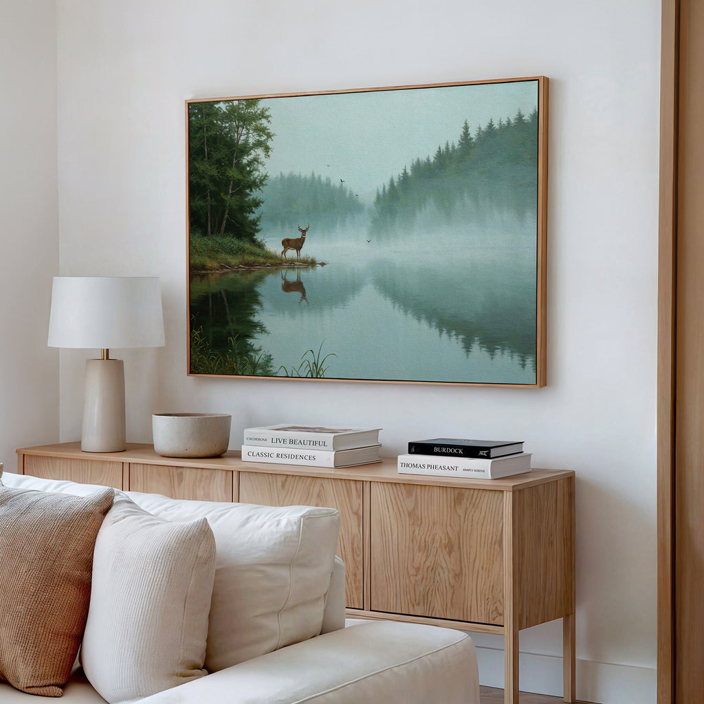 A cozy living space features a wood sideboard with books, lamp, and bowl. Above, the Solitude by the Lake Canvas Art depicts a deer beside reflective water in a tranquil forest. A cream sofa appears partially in the serene foreground.