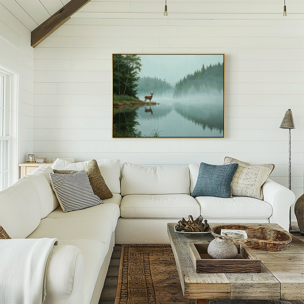 A bright living room with a white sectional, patterned pillows, rustic wooden coffee table, and Solitude by the Lake Canvas Art brings serenity to the white shiplap wall.