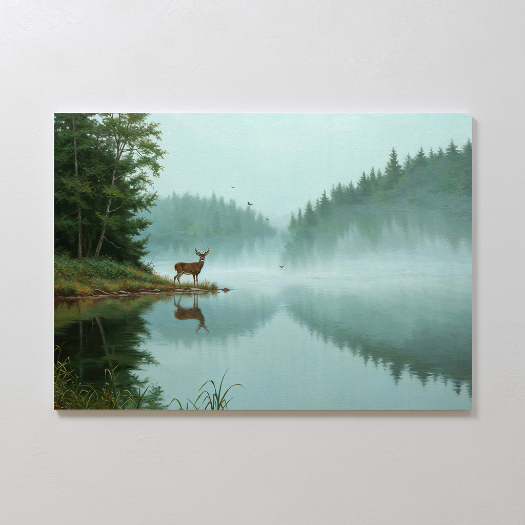 Solitude by the Lake Canvas Art captures a serene deer by a misty lake, reflective water, pine trees, and birds soaring in a foggy sky—a tranquil forest scene for your space.