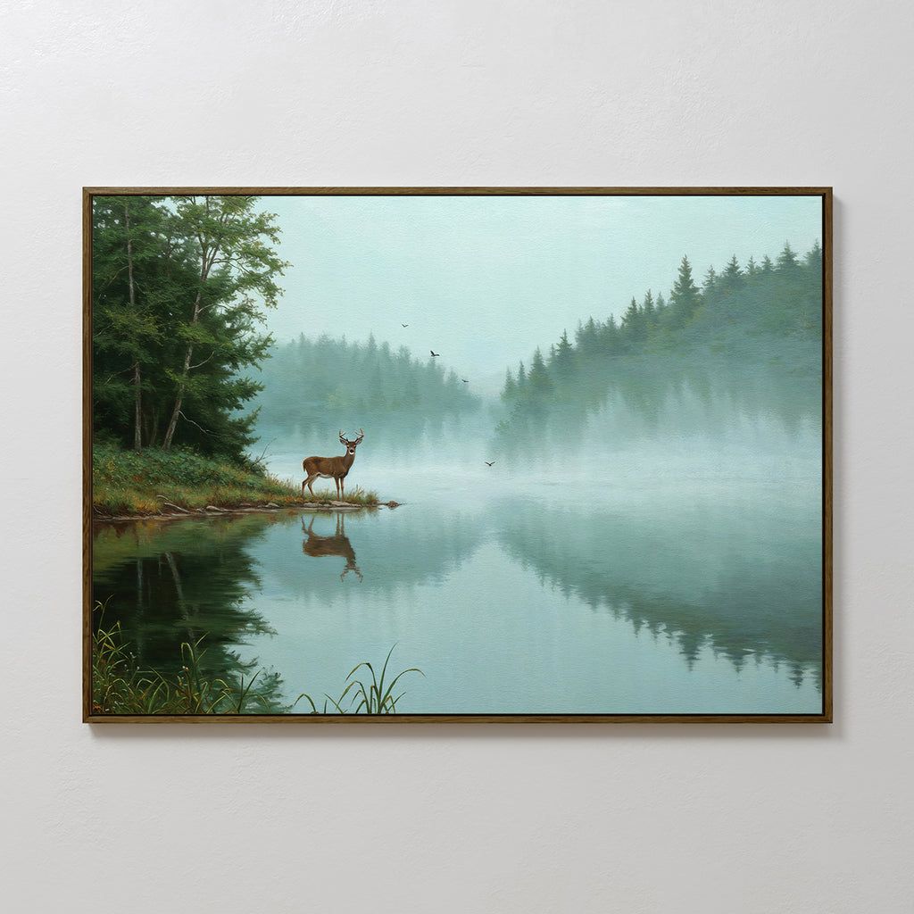 Solitude by the Lake Canvas Art features a framed painting of a deer on a misty lake shore, with pine trees and calm water reflecting the serene scene, while soft fog and flying birds add to the peaceful forest atmosphere.