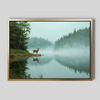 Solitude by the Lake Canvas Art depicts a peaceful forest scene with a misty lake, pine trees, a deer at the water’s edge, and birds flying overhead for a tranquil, serene touch to your space.