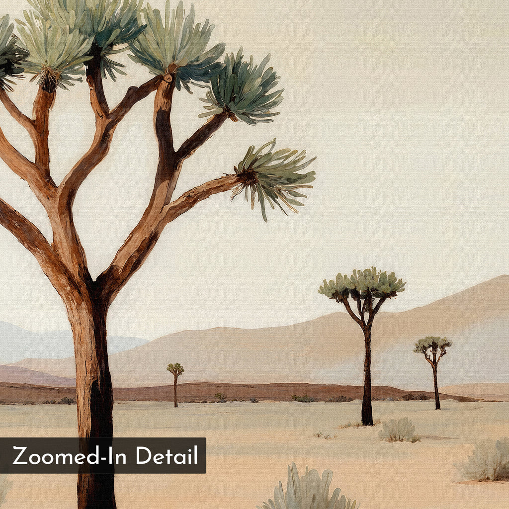 The Sparse Growth Canvas Art features a watercolor desert landscape with Joshua trees and distant mountains. A detailed foreground tree contrasts the fading background, making minimal, nature-inspired wall art labeled “Zoomed-In Detail.”.