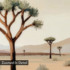 The Sparse Growth Canvas Art features a watercolor desert landscape with Joshua trees and distant mountains. A detailed foreground tree contrasts the fading background, making minimal, nature-inspired wall art labeled “Zoomed-In Detail.”.