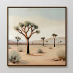 Sparse Growth Canvas Art showcases a desert landscape with Joshua trees, scattered shrubs, and distant mountains beneath a pale sky. This minimal wall art adds nature-inspired decor to any white wall.