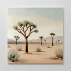 Sparse Growth Canvas Art features a desert landscape with Joshua trees, scattered shrubs, sandy ground, and distant mountains under a pale sky—ideal as minimal wall art for nature-themed decor.