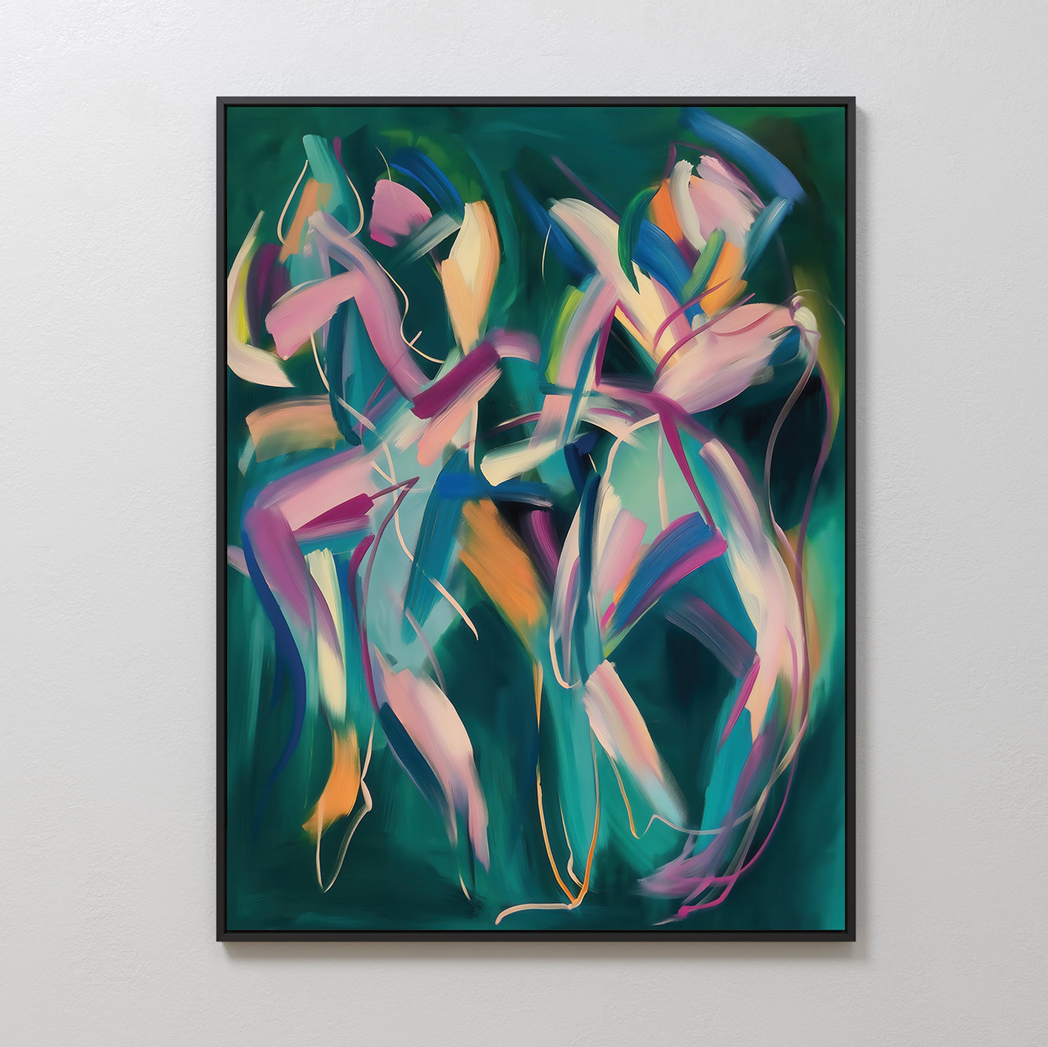 Spiralling Forms Abstract Canvas Art showcases two human-like figures with bold, colorful brushstrokes in pink, yellow, blue, and green on a dark green background, framed in black—ideal modern wall art for any space.