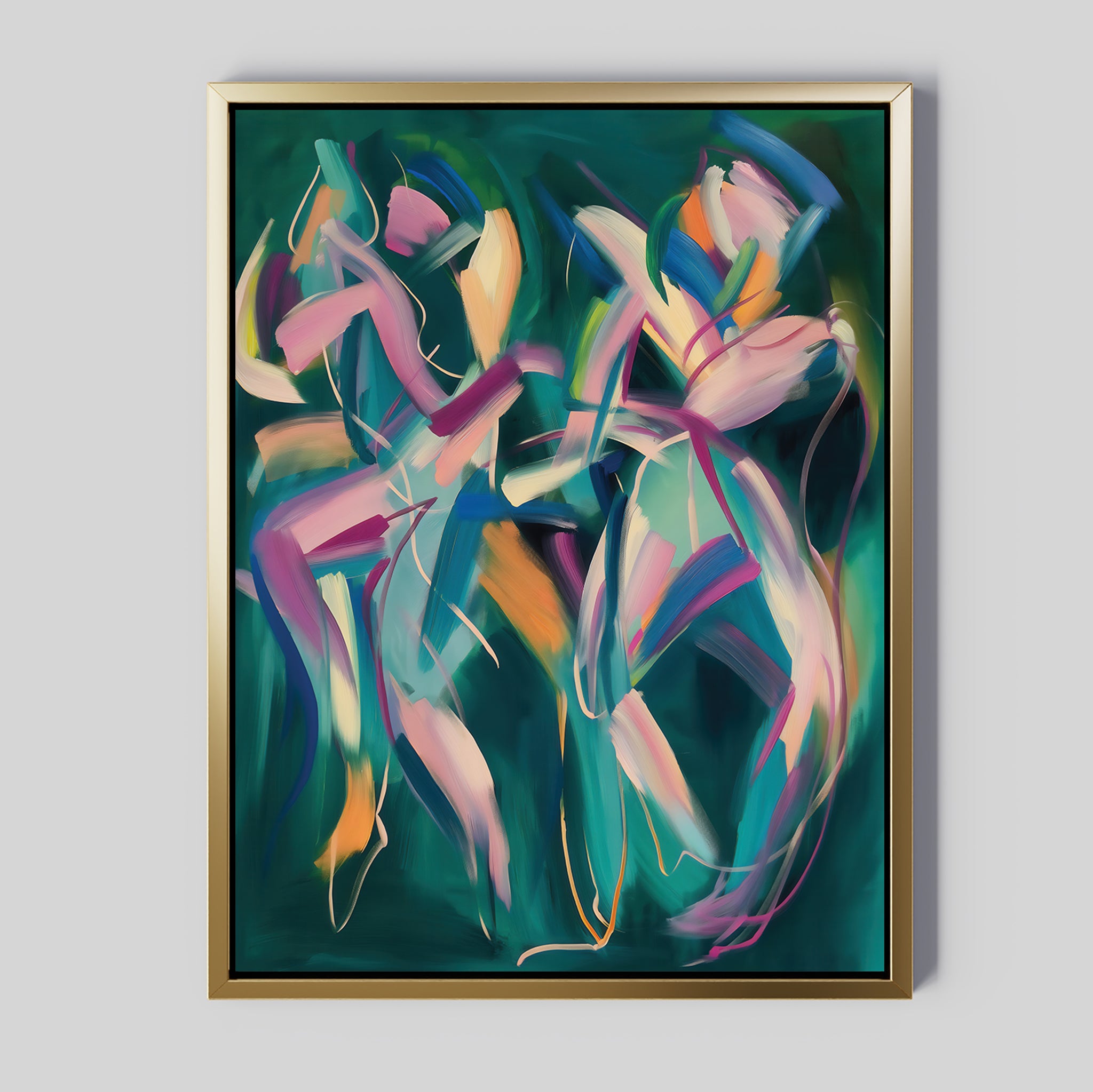 Dynamic and energetic, the Spiralling Forms Abstract Canvas Art features two dancing figures in vibrant pink, yellow, orange, and blue on a dark green background. Gold-framed, this modern piece makes striking large wall art for any space.