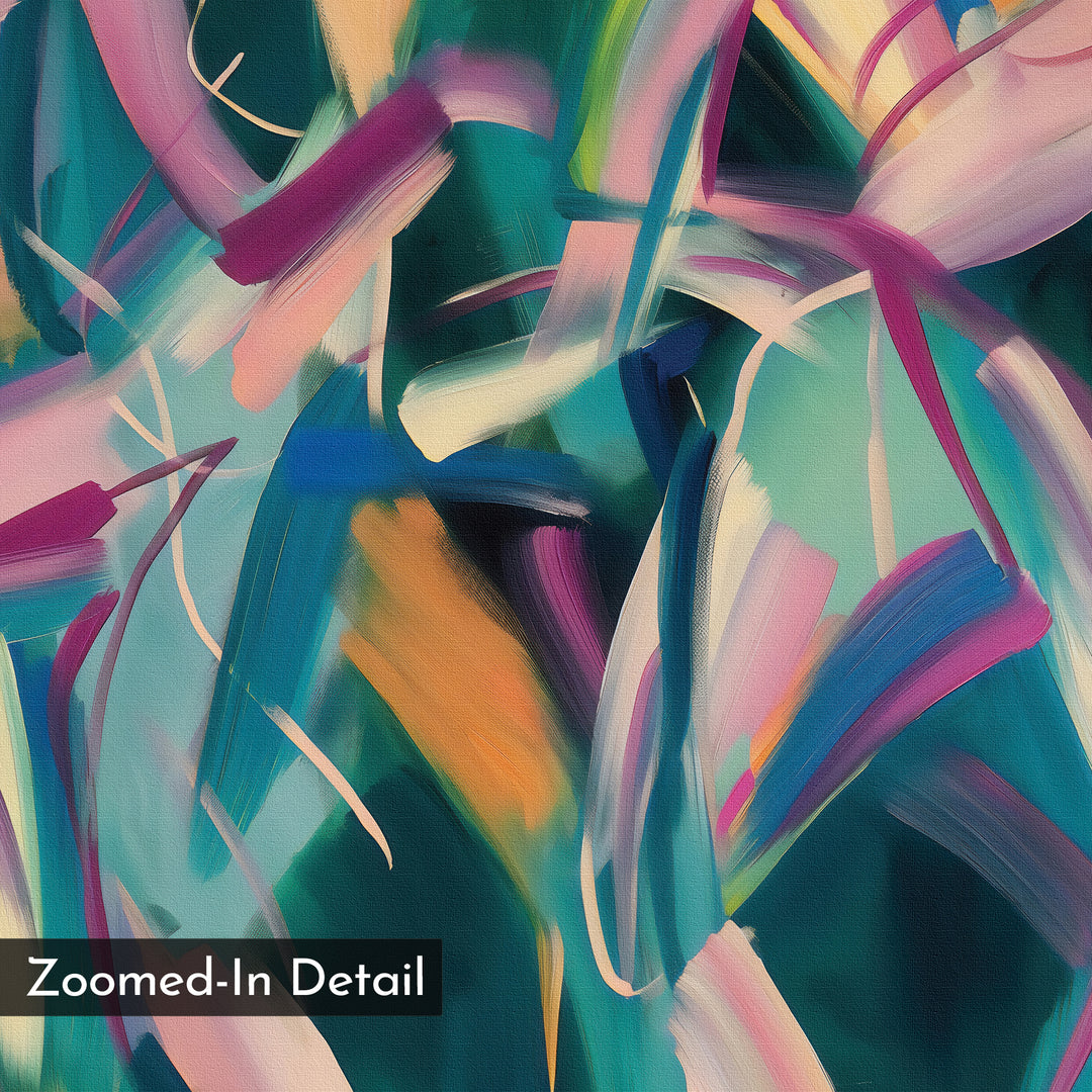 Spiralling Forms Abstract Canvas Art features dynamic, layered brushstrokes in teal, pink, blue, orange, and purple. A label in the bottom left corner reads "Zoomed-In Detail.