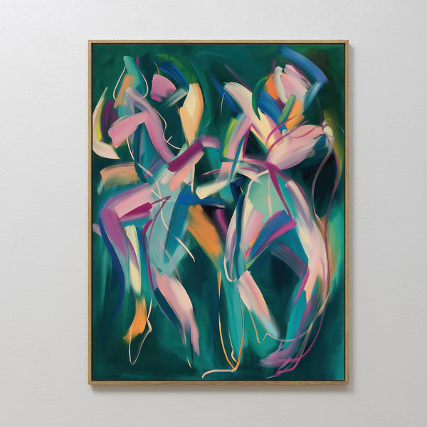 Spiralling Forms Abstract Canvas Art showcases two dynamic, colorful human-like figures in swirling pink, yellow, blue, and green brushstrokes on a dark green background, finished with a simple wooden frame.