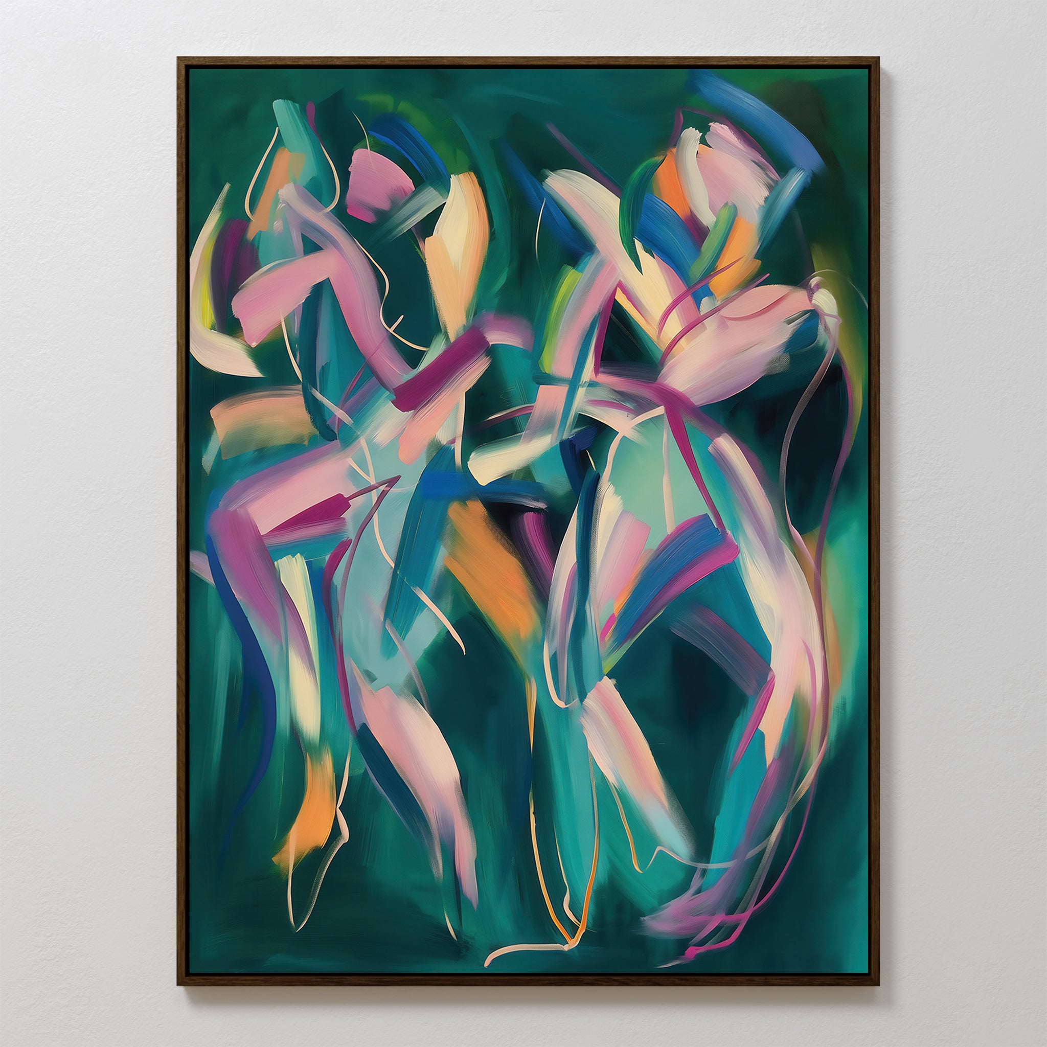 The Spiralling Forms Abstract Canvas Art features two human-like figures with flowing, colorful brushstrokes in pink, blue, yellow, and green on a dark green background, creating a vibrant sense of movement and energy.