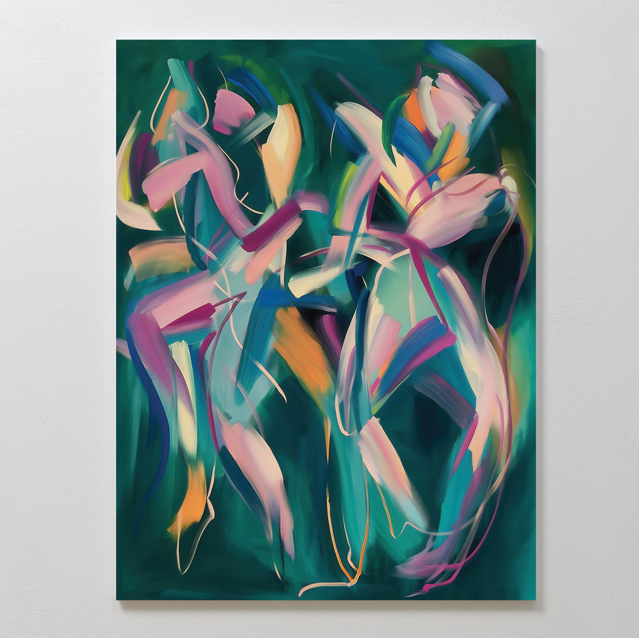 Spiralling Forms Abstract Canvas Art features two dynamic human-like figures in motion, painted with vibrant pink, teal, orange, and yellow brushstrokes on a dark green background for an energetic look.