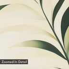 Spring Foliage Canvas Art features an abstract close-up of overlapping curved leaf shapes in cream, beige, and dark green, with a subtle canvas texture. A label reading "Zoomed-In Detail" appears in the lower left corner. Modern wall art.